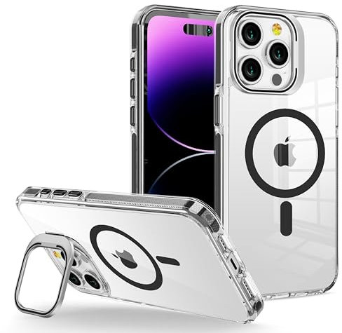 ZCSK Kickstand Case iPhone 14 Pro Mag-Safe Case 6.1-Inch Clear Black Transparent with Built-In Camera Ring Stand Bumper Slim Protective Cover to Protect Compatible for MAG-SAFE iPhone 14 Pro