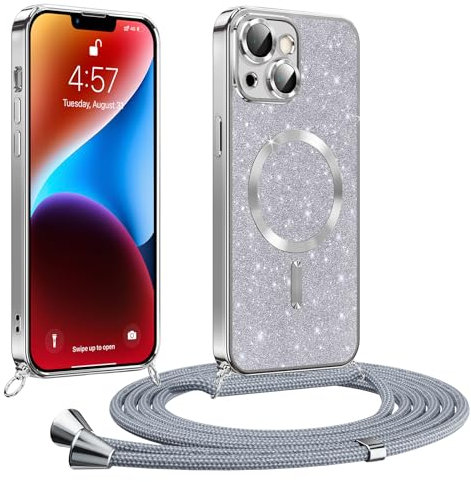 Phoona handyband Hülle für iPhone 14 mit Band, Glitzer Handyhülle Kompatibel mit MagSafe, Ganzkörperschutz Kratzfeste Stossfest Schutzhülle mit Einstellbar Kette, Silber