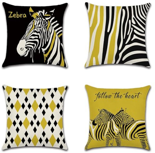Ohok 4er Set Dekorativ Kissenbezug mit Motiv, Polyester Leinen Zierkissenbezüge 45x45 cm, Modern Dekokissen Sofakissen Kissenhülle Set für Wohnzimmer Schlafzimmer Sofa Couch (Zebra)