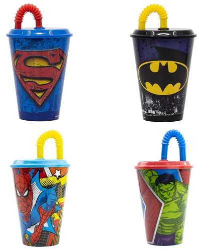 JAMERPD Vasos Superheroes Con Tapa y Pajita Pack de 4 Spiderman Superman Batman y Hulk - Vasos reutilizables de plástico sin BPA de superhéroes, 430 ml, pack de 4