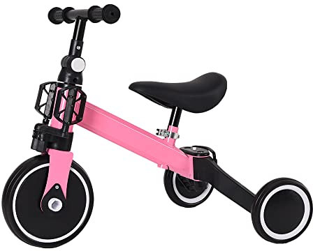 2-en-1 (Rose)-Draisienne Bebe, Cadeau de Premier Anniversaire Noel -Trotteur, Premier vélo à 3 Roues pour Garçons et Filles, Selle réglable, Trois Roues, De 12 Mois à Environ 5 Ans, Charge 25 kg