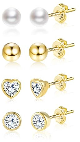 Ohrringe Gold Ohrstecker Damen, ASH'S CHOICE 4 Paar Multipack Ohrstecker Set Kleine Gold Ohrringe Medizinische Piercing Ohrsteck Klein Silber 925 Ohrstecker Kugel Herz Perlen Ohrringe Gold Set