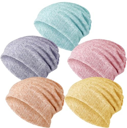 SATINIOR 5 Stück Damen Slouchy Beanie Chemo Hut Stretch Krebs Kopf Wraps Schlaf Kopftuch für Krebspatienten, Pastellfarben., Medium
