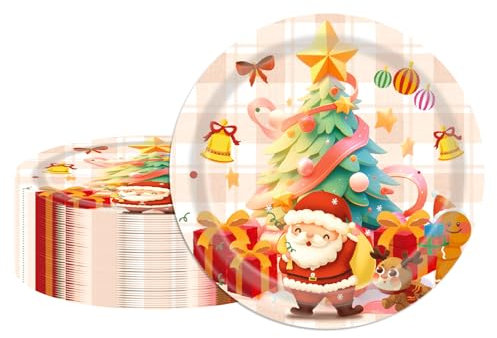 EVYIENEN Lot de 50 assiettes en carton jetables pour fête de Noël - Assiettes à dessert en carton sur le thème de Noël - 17,8 cm - Fournitures de fête (B)