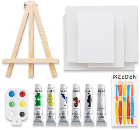 MEEDEN Juego de pinceles de pintura acrílica: kit de pintura de 14 piezas con caballete de madera, 6 colores de 12 ml acrílico, 5 pinceles, 4 lienzos, kit de pintura para niños, estudiantes, artistas
