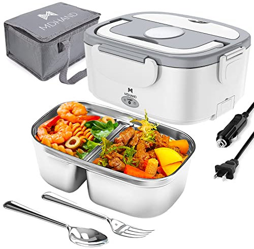 MDHAND Electric Lunch Box Food Heater,Faster Heated Lunch Box Food Warmer 110V/12V/24V Self Heating Lunch Box for Work/Car/Outdoors,Portable Heated Lunch Box for Adult with Lunch Bag (White)