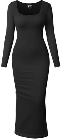 OQQ Damen Kleid Langarm Square Neck Passform Nahtloses Rippdesign Freizeit Loungewear Maxi Kleid Bodycon Schwarz