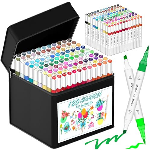 Premium Quality 120 Alcohol Markers Brush Tip for Drawing & Sketching - Stunning Dual Tip Coloring Markers for Adults & Kids - Alcohol Based Drawing Markers Coloring Set for Painting