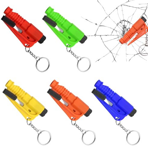 Yuragim 5 Pcs Gurtschneider Notfallhammer, 3 in 1 Notfall-Schlüsselbund-Auto-Fluchtwerkzeug mit Sicherheitsgurtschneider Fensterbrecher und Notfallpfeife,Auto-Sicherheits-Schlüsselanhänger Rescue Tool