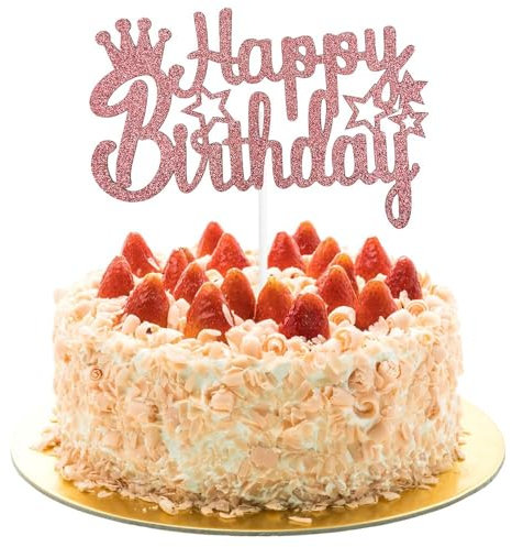 AIVEKE Glitter Rose Gold Happy Birthday Cake Topper - Party Decoration for Anniversary and Cupcake Desserts