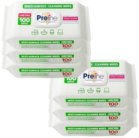 Preline Multi Surface Oberflächenreinigungstücher, Feuchte Allzwecktücher, Extra Dick&Breit, Weißer Seifenduft,Frei von SLS/SLES/Bleichmittel,für Haushalt Küche Bad WC Elektronik Fenster,100 Stück (6)