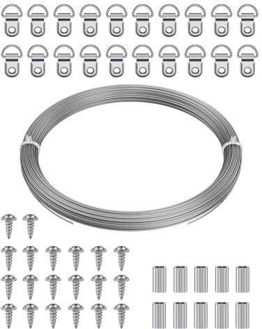 Uniclife Picture Hanging Wire, 30 m x 1 mm, Picture Wire Kit with D-Ring Hangers, Stainless Steel Wires Rope for up to 50 kg, Trellis Wires Cable for Photo Frames and String Lights