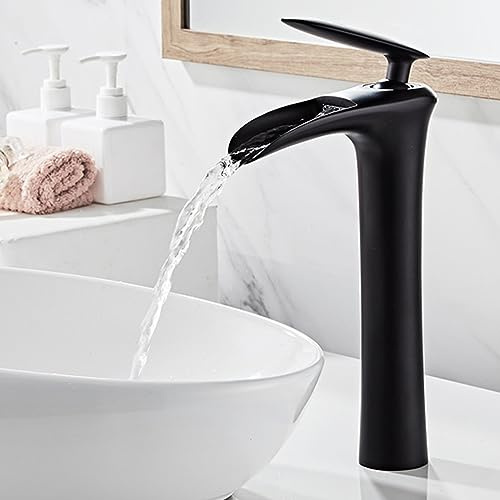 Moderno Rubinetto per Lavabo da Bagno A Cascata Nero, Miscelatore Monocomando, Design Ad Arco Alto, Acqua Calda E Fredda, Elegante Miscelatore per Lavabo E Piani Lavabo（A-High）