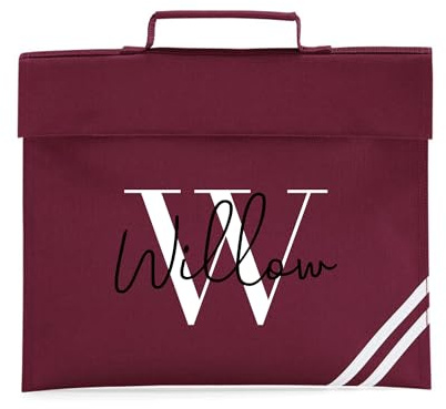 eBuyGB Personalised Book Bag with Name & Initial, Kids Back to School Bag, Unisex Nursery, Primary School Bookbag, Children's Name Music Folder (Burgundy)