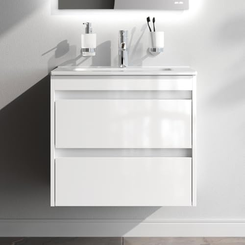 AM.PM Meuble de lavabo suspendu avec lavabo, ensemble de meubles de salle de bain pour salle de bain et WC d'invités, meuble de lavabo avec 2 tiroirs, blanc (60/54 cm)