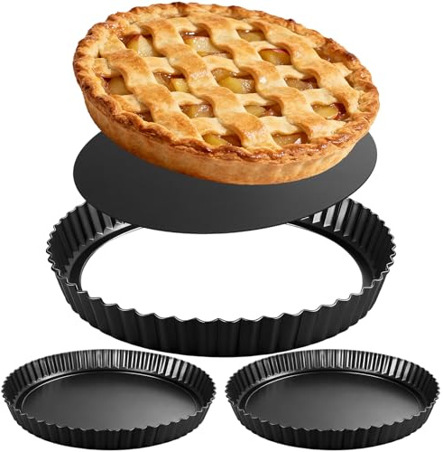 Tart Pan 2 Pack, 9 Inch Non-Stick Carbon Steel Pie Pan, Tart Pans with Removable Bottom -Top 9.5 inches, bottom 9 inches, 1.2 inches deep - Perfect Molds for Making pie, Fruit Tarts with Grooved Edges