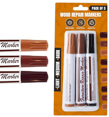 AIBULO Wood Repair Markers 3 Pack – Furniture Touch-Up Pens for Scratches, Scuffs & Surface Damage – Light, Medium & Dark Shades – Permanent Wood Filler Pens for Floors, Tables, Cabinets, Doors & Home