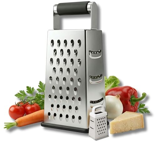 ELEGANCIO Edelstahl 4in1 Vierkantreibe rutschhemmend 25 x 11,2 cm + Mini Käsereibe GRATIS 4-seitige scharfe Küchenreibe ideal als Kartoffelreibe Gemüsehobel Multireibe (silber groß/weiß Mini)