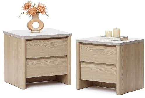 Hometopia 2er Set Nachttisch Holz, Beistelltisch mit Schubladen & Travertin-Optik, Nightstand Schlafzimmer, Schnee-Eiche Look 45×53×50 cm