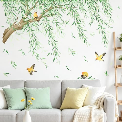Tanlaby Grands Stickers Muraux Branche Arbres Autocollants Muraux Branches | Sticker Murale Feuille Verte Suspendues Oiseaux pour Salon Chambre Bureau Canapé Fond TV Décoration