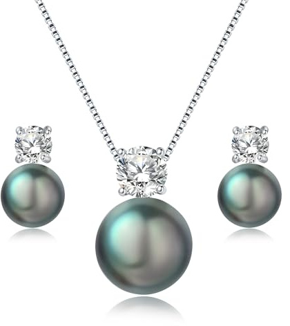 YAMI Perlenkette Set Damen Silber, Perlenkette mit Ohrringe 8-10mm | Damenschmuck, Perlenanhänger für Damen, aus Hypoallergenem 925er Silber, mit Zirkonia der Güteklasse 5A, Elegant und Funkelnd
