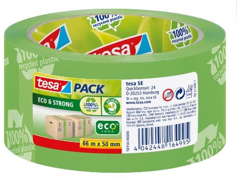 tesapack Eco&Strong - Ruban Adhésif d'Emballage Écologique en Plastique 100% Recyclé, Résistant aux UV et au Vieillissement - Vert imprimé - 66 m x 50 mm