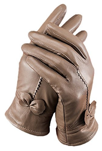 Butterme Luxury Ladies weichen Schaffell Lederhandschuhe mit Bowknot-Stich-Entwurf Fleece Futter 100% Leder Fäustlinge Khaki