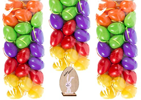 hegro-grosshandel Set 72 Kunststoff Ostereier 6cm mit Holzhänger (kräftig)