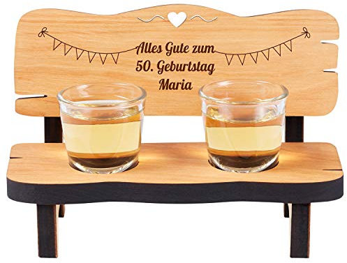 Personalisierte Schnapsbank zum Geburtstag | inkl. 2 Schnapsgläsern | Mit Gravur Motiv Girlande | Geburtstagsgeschenke für Männer und Frauen mit Personalisierung | Lustige Geschenkidee