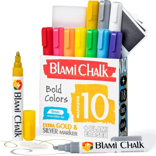 Blami Arts 10 Stücke Kreidestifte and Tafeletiketten-Paket mit Schwamm für Fenster, Glas, Tafel, Whiteboard, Abwaschbar Kreidemarker- 6mm Spitze für Erwachsene & Kinder