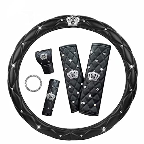 coofig Lenkradbezug Glitzer Universal Lenkradhülle Leder mit 2 Stück Gurtpolster,Schaltknauf-Schutz,Handbremsgriff Abdeckung,Start Stop Engine Knopf Abdeckung Aufkleber Auto Zubehör Innenraum Frauen