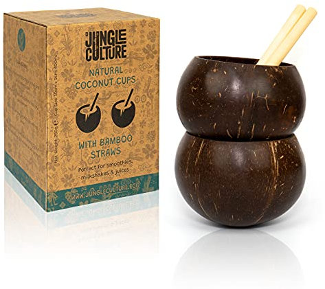 Jungle Culture® Tasses en Coquille de Noix de Coco véritable pour Cocktails et Smoothies • Bols en Noix de Coco et Pailles en Bambou • Tasse en Bois Naturel • Tasses Zéro Déchets • Gobelets à Boire