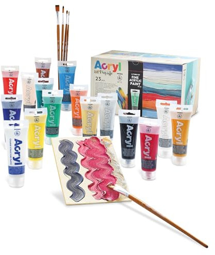 PRIMO Hobby & Professional - Box 15 Acrylfarben Set 75 ml, für Künstler ab 14 Jahren, 5 Pinsel + 1 Strukturierungspaste + 2 Leinwandkartons, Permanente Textilfarben, Kreative Arbeiten, Schreibwaren