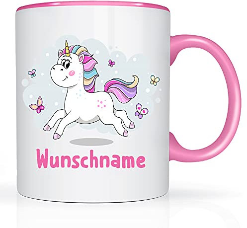 Print-Klex Tasse mit Namen und Einhorn Motiv Bedruckt Namentasse Namensbecher springender Einhorn mit Schmetterlingen für Mädchen Kindertasse Weiß/Rosa Unicorn Spruchtasse Keramik mit Druck 330ml