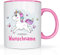 Print-Klex Tasse mit Namen und Einhorn Motiv Bedruckt Namentasse Namensbecher springender Einhorn mit Schmetterlingen für Mädchen Kindertasse Weiß/Rosa Unicorn Spruchtasse Keramik mit Druck 330ml