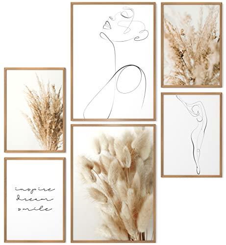 Papierschmiede® Mood Poster Set Pampas Woman, Bilder Set mit Rahmen (Farbe wählbar) Wohnzimmer Deko Modern, 2x A4 & 4x A5, decoration boho style Frau Zeichnung Wollgras Boho beige