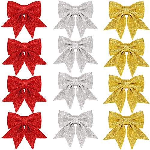 12Pack Red Gold Silver Bows for Christmas Tree,Small Glitter Wreaths Bows Christmas Bows for Tree Decorations,Xmas Tree Bows,Sequin Bows Ties Ornaments for Christmas Tree,Wreaths,Garland Decorations