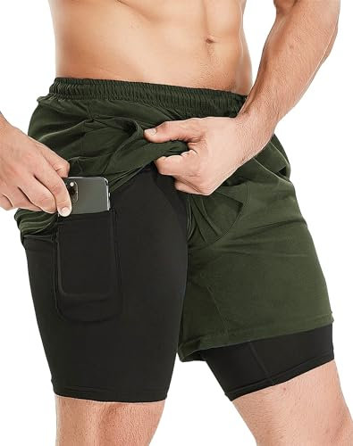 HOPLYNN Herren 2 in 1 Shorts Sommer Schnelltrocknende Laufshorts mit Taschen Sport Kurze Hosen Fitness Laufhose Green L