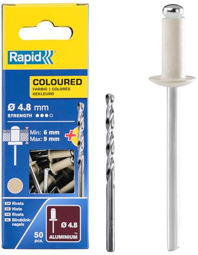 Rapid Blindnieten Aluminium Cremeweiß Ø 4,8mm, 6-9mm Klemmbereich, 50 Stk. Nieten, Set inkl. Bohrer, für Blindnietzangen