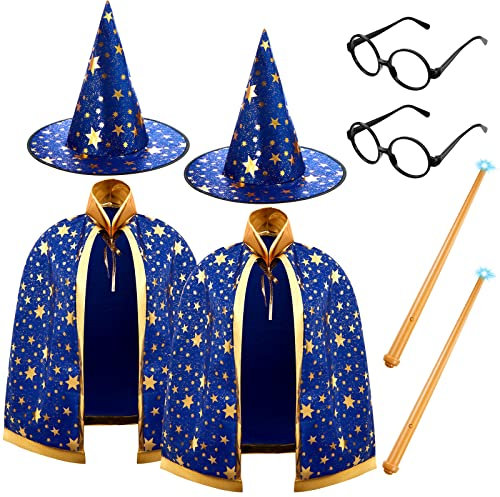 SATINIOR 2 Set Halloween Zauberer Kostüm Zauberer Umhang Zauberer Mantel mit Hut Zauberstab für Kinder Jungen Cosplay Party