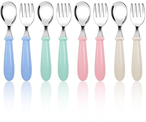 8 Piezas Cubiertos Infantiles de Acero Inoxidable, 4 Tenedores para Niños y 4 Cucharas para Niños, Cubiertos Bebe Personalizados para Uso en el Hogar y la Escuela(azul verde rosa beige)