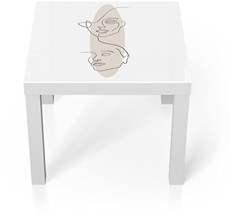 DEQORI Glastisch | weiß klein 55x55 cm | Motiv Linien-Gesichter vor Oval | ausgefallener Beistelltisch aus Glas | Hochglanz Couchtisch fürs Wohnzimmer | moderner Couch Tisch mit Design
