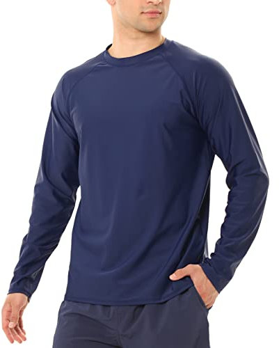 MASOCIO Mens Swimming Swim Shirts Top Rash Vest Guard Men Long Sleeve UV Sun Protection UPF 50+ Swimsuit Wetsuit T-Shirt Watersport Surfing Navy Blue Size S
