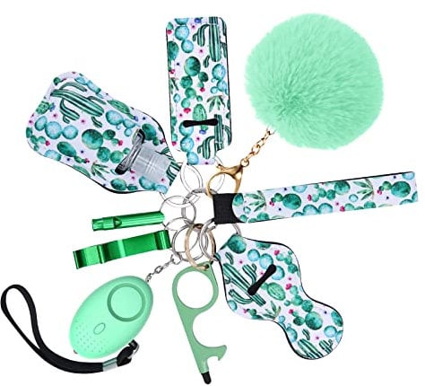 OQIMAX 10 PCS Safety Keychain Set for Women and Kids,Loud Security Alarms Keychain with LED Light, Self Defense Keychain Set with Safe Sound Personal Alarm, Whistle, No Touch Door Opener (Green)