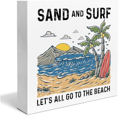 Strand Holzkiste Schild Strand Haus Dekor Sand und Surf Strand Quadratisches Holzschild Schreibtisch Dekoration Land Küste Holz Block Plaque Box Schild für Regal Zuhause 5 x 5 Zoll