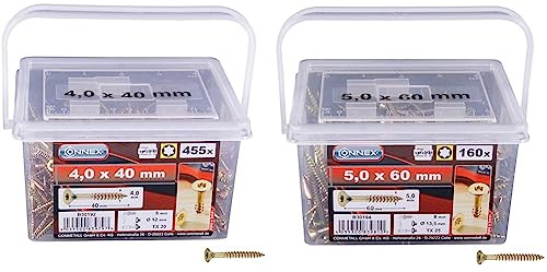 Connex Universalschrauben 4,0 x 40 mm - 455 Stück im Set B30192 & Connex Universalschrauben 5,0 x 60 mm - 195 Stück im Set - Senkkopf - TX-Antrieb - Teilgewinde - B30194