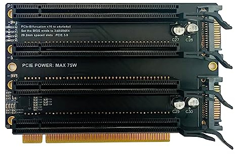 JMT PCI-E 3.0 x16 1 bis 4 Splitkarte Gen3 PCIe-Verzweigung x16 auf x4x4x4 Erweiterungskarte 20,2 mm Steckplätze SATA-Netzteil-Anschluss