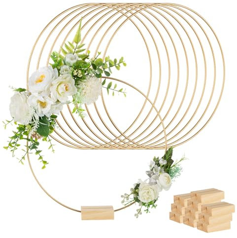 NUPTIO Metallringe Zum Basteln Blumenkränze Gold: 10 Stück 30cm Draht Reif Mittelstücke mit Ständer Dekoring Kranz Makramee Runden Kleine Hoop Reifen für Handwerk Hochzeit Tischdeko Tafelaufsatz