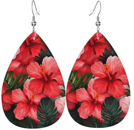 Hibiskus Blume Leder Ohrringe Für Frauen, Tropfen Ohrringe Für Mädchen Geschenk Anhänger Ohrringe, Jugend Mädchen Kunstleder Ohr Anhänger, Bunte Gedruckt Anhänger Tropfen Ohrringe, Einheitsgröße,