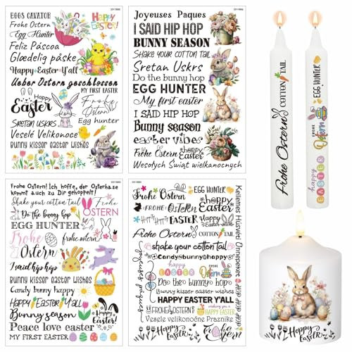 4 Stück Kerzentattoos Ostern mit Sprüche Hasenmuster Wasserschiebefolie Kerzen Ostern Kerzenfolie Kerzensticker Tattoo Folie Kerzen Beschriften Aufkleber Ostern Deko DIY Geschenk Für Kerzen Tasse